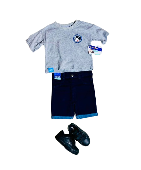 Set 2 piezas Mickey camisa gris short jean bebe niño
