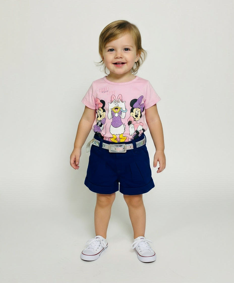 Set conjunto 2 piezas bebe niña minnie camisa rosada short azul oscuro D9-MI-1266B promo 2x1000