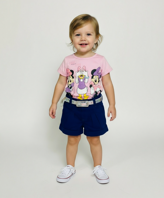 Set conjunto 2 piezas bebe niña minnie camisa rosada short azul oscuro D9-MI-1266B promo 2x1000