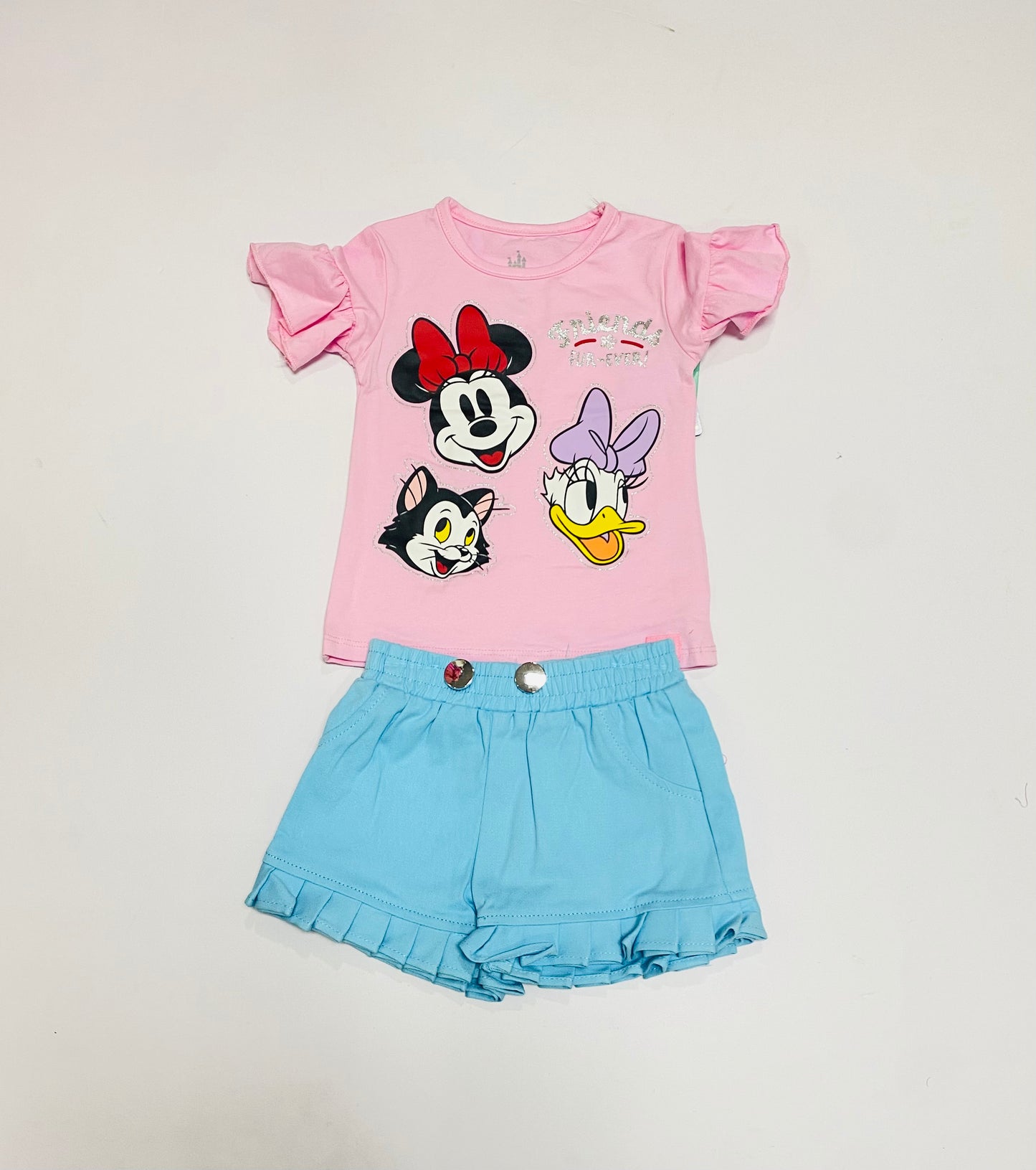 Set conjunto 2 piezas camisa rosada short azul cielo Minnie niña Disney D9-MI-1316B