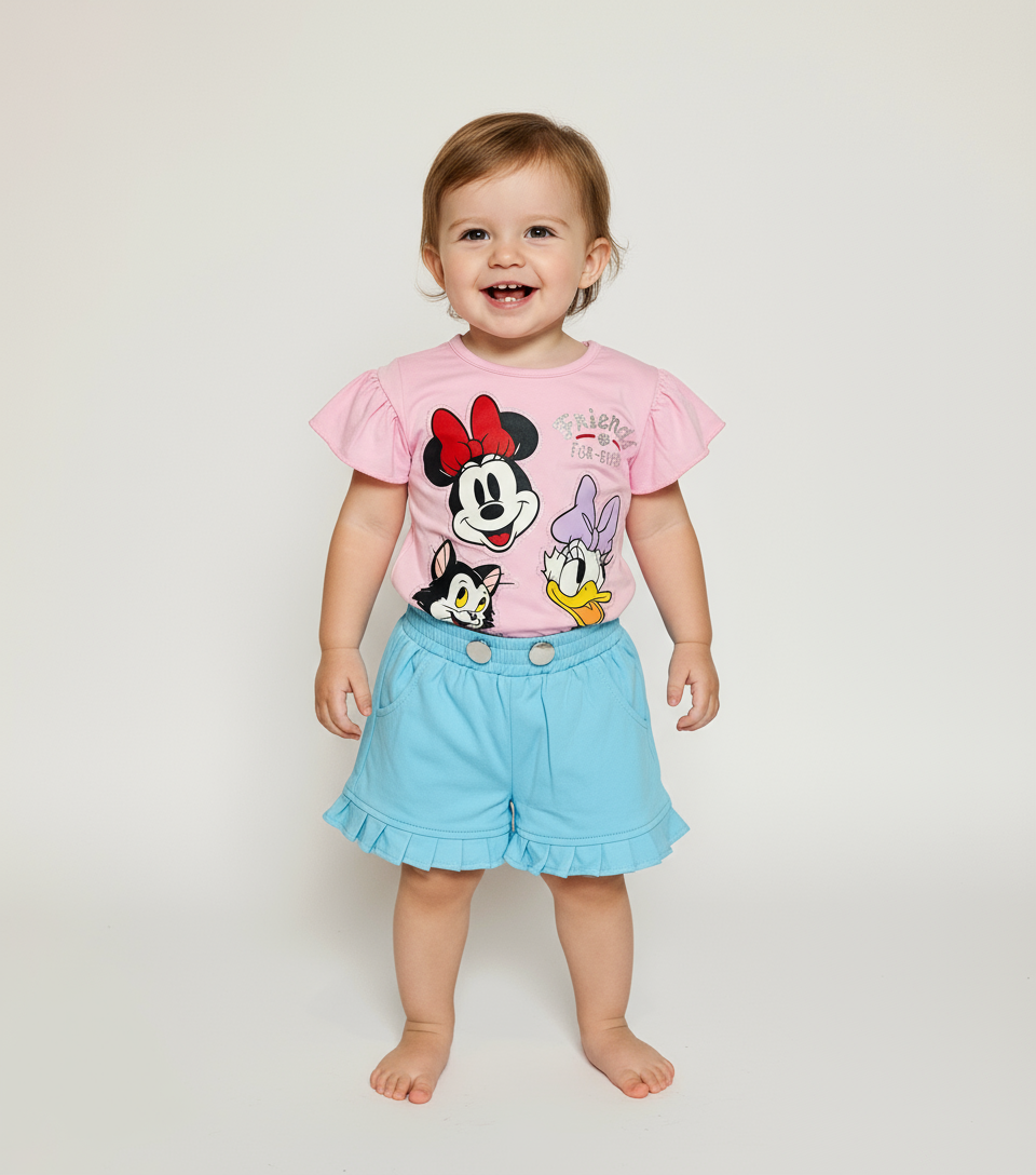 Set conjunto 2 piezas camisa rosada short azul cielo Minnie bebe niña Disney D9-MI-1316B promo 2x1000