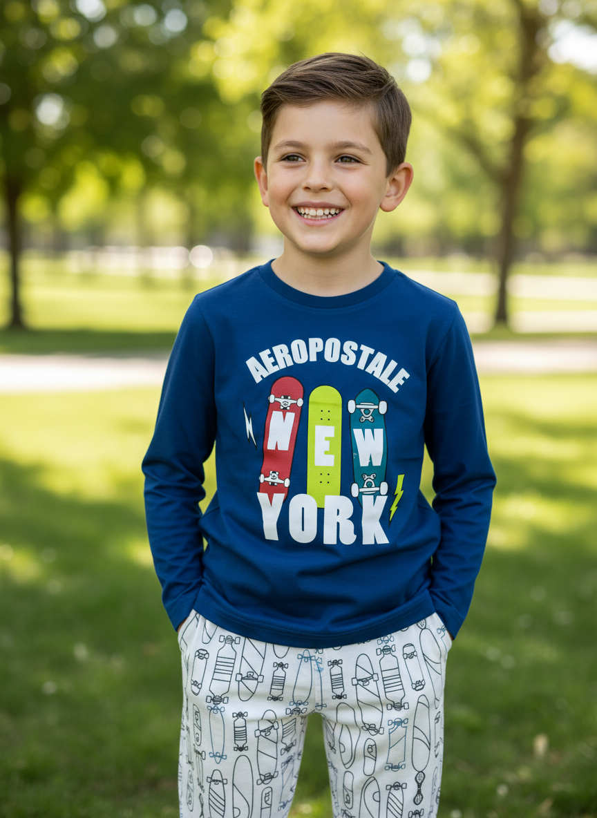 Pijama niño camisa new york azul oscuro pantalon blanco Aeropostale 3167