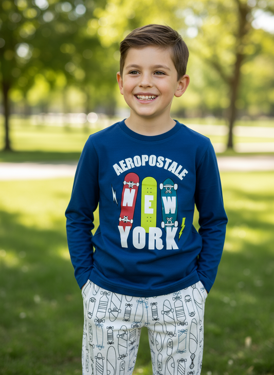 Pijama niño camisa new york azul oscuro pantalon blanco Aeropostale 3167