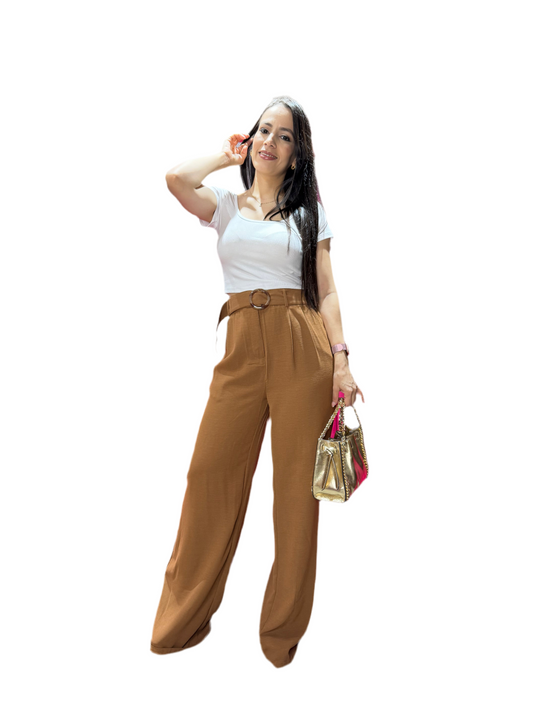 Pantalon dama de tela mujer wide leg CPD1005-30 590490 nude café