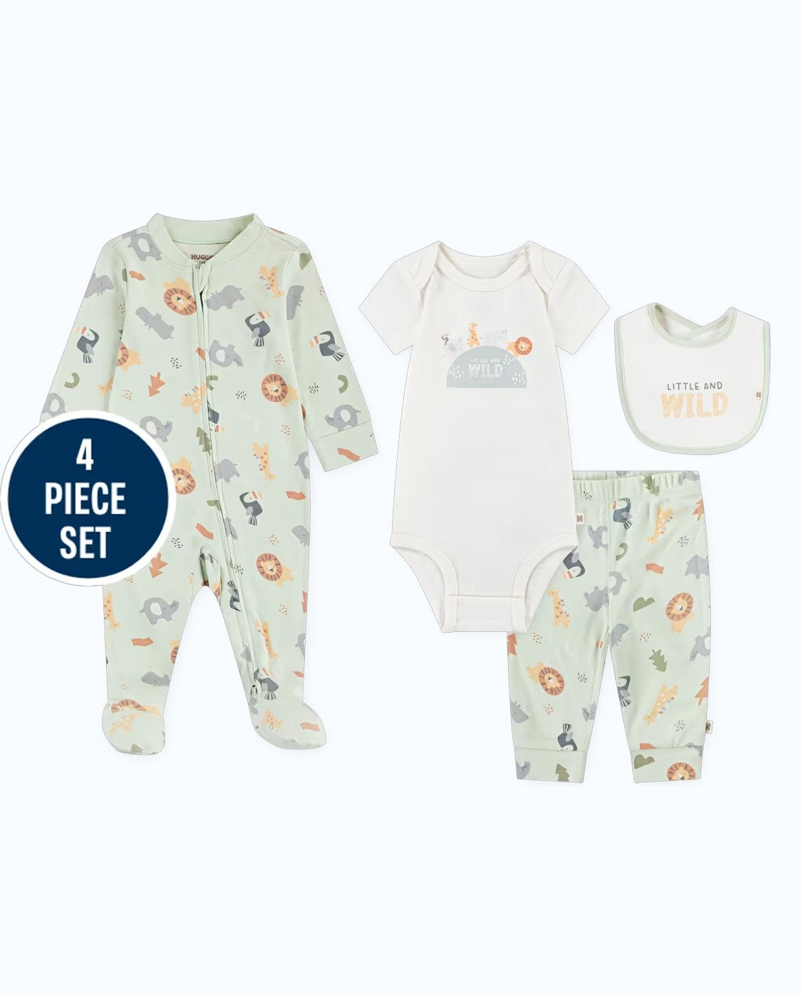 Set 4 piezas pijama animales verde mameluco blanco pantalon blanco babero blanco bebe niño Huggies Childrens Place 3058015