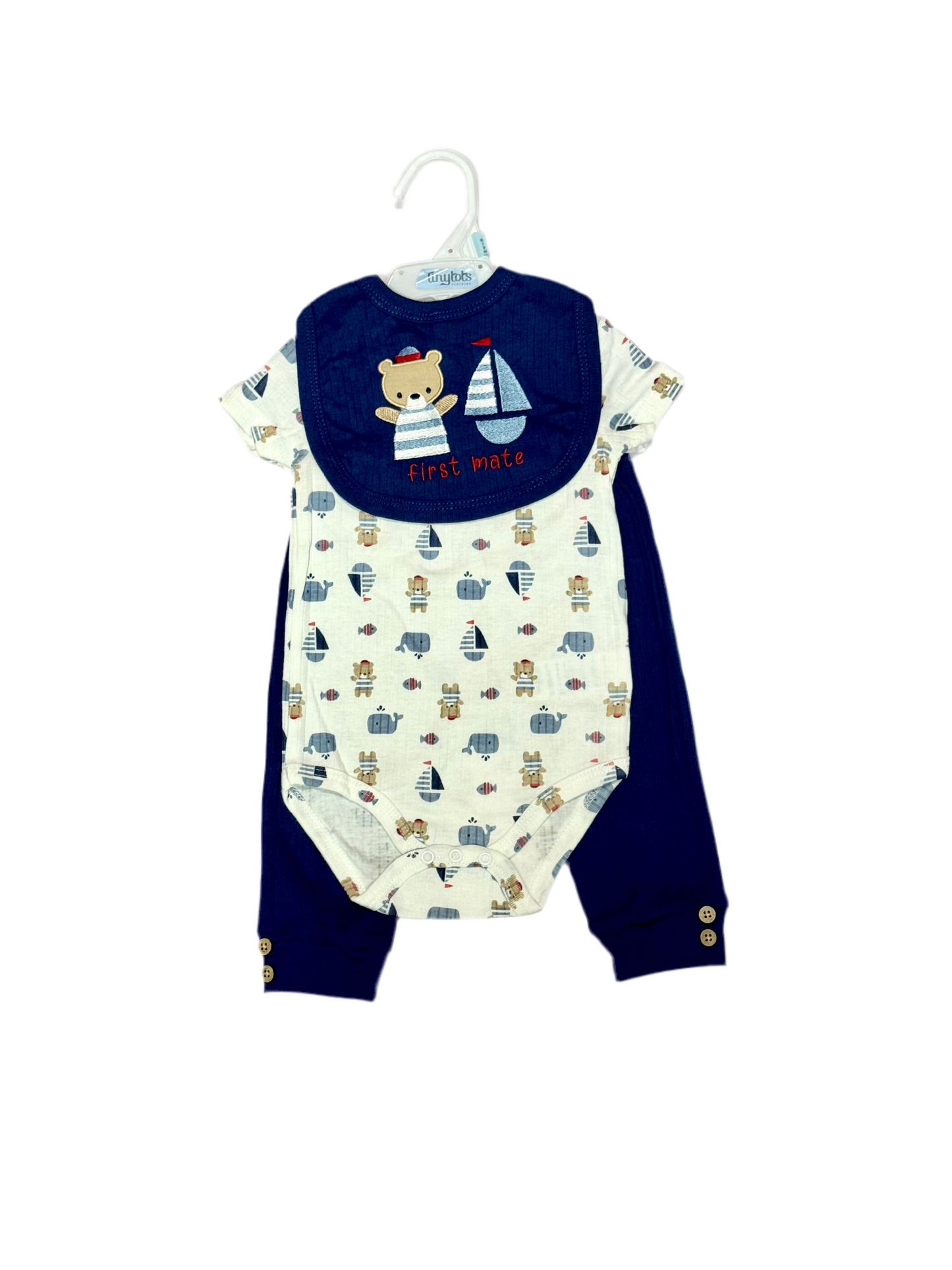 Set 3 piezas mameluco pijama babero azul oscuro dinosaurio bebe niño Tinytots D95609TT