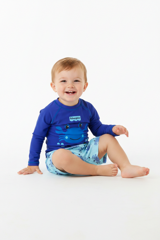 Set conjunto 2 piezas traje de baño camisa azul cangrejo short azul bebe niño Fisher Price 3179