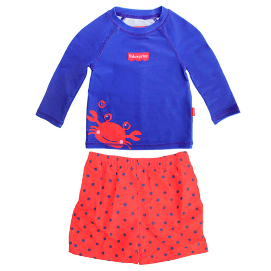 Set conjunto 2 piezas traje de baño camisa azul cangrejo short naranja bebe niño Fisher Price 3179