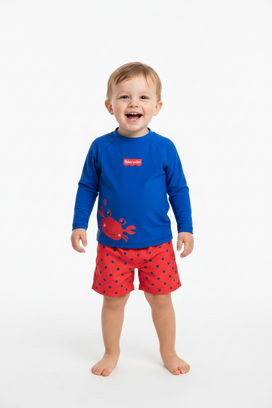 Set conjunto 2 piezas traje de baño camisa azul cangrejo short naranja bebe niño Fisher Price 3179