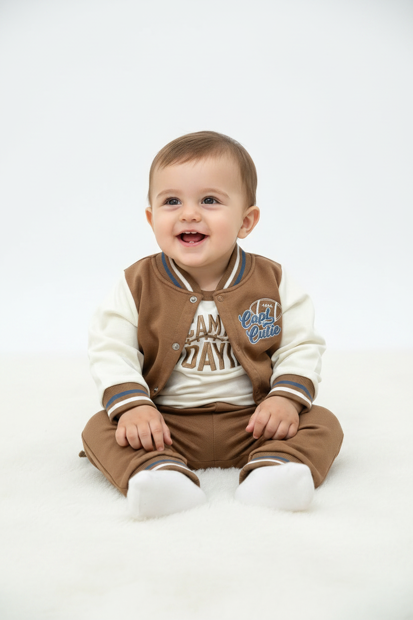 Set 3 piezas bebe niño sueter cafe camisa blanca pantalon Jogger cafe Tinytots D85646TT