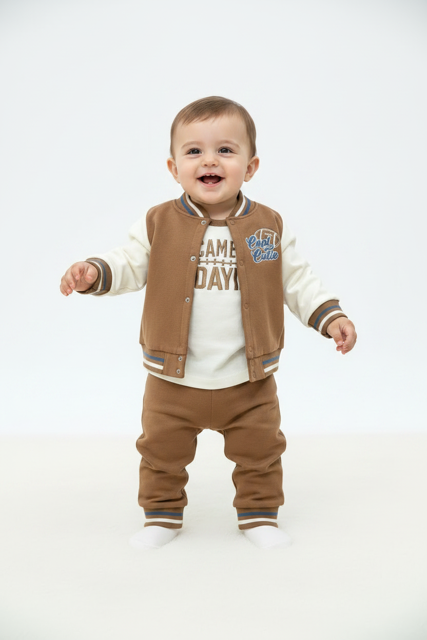 Set 3 piezas bebe niño sueter cafe camisa blanca pantalon Jogger cafe Tinytots D85646TT