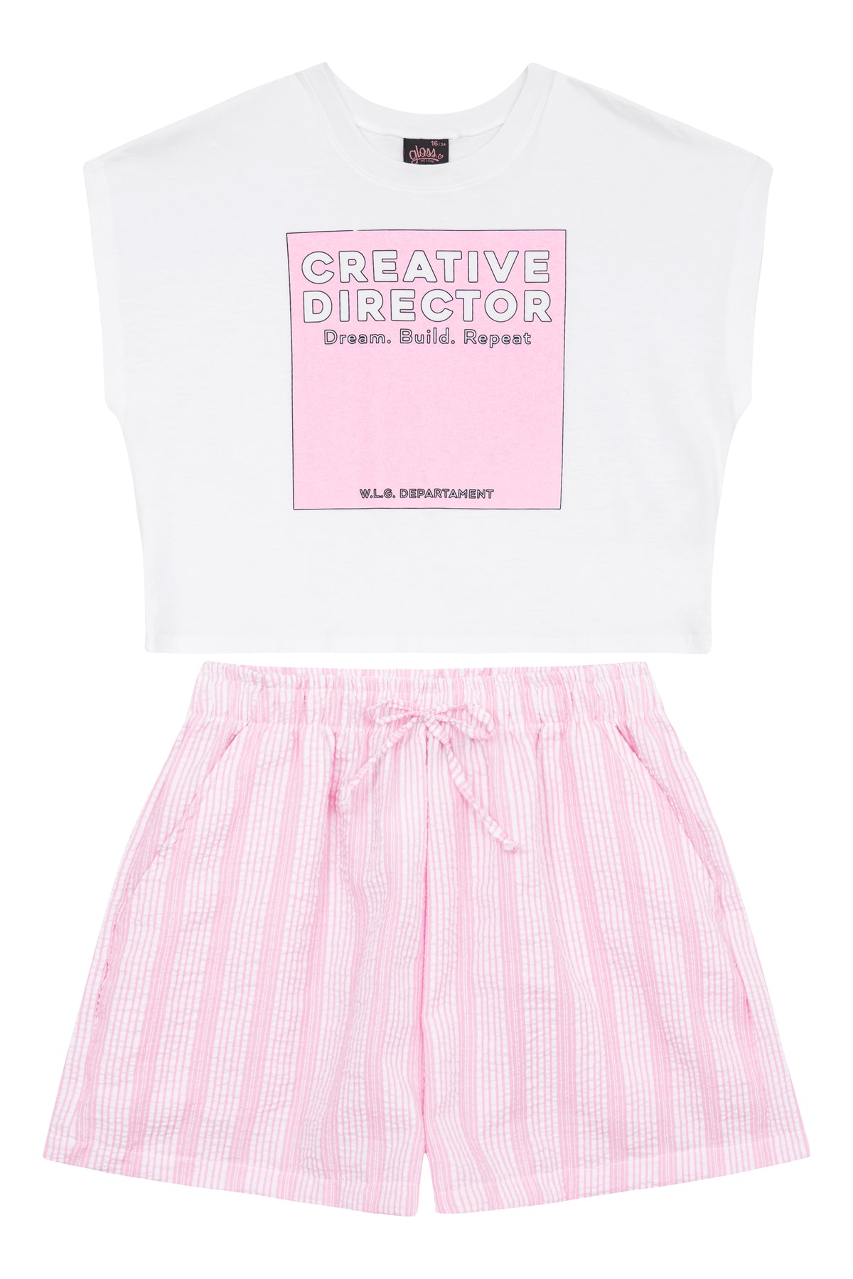 Set conjunto camisa blanca short rosado rayas Gloss 32159-00101A