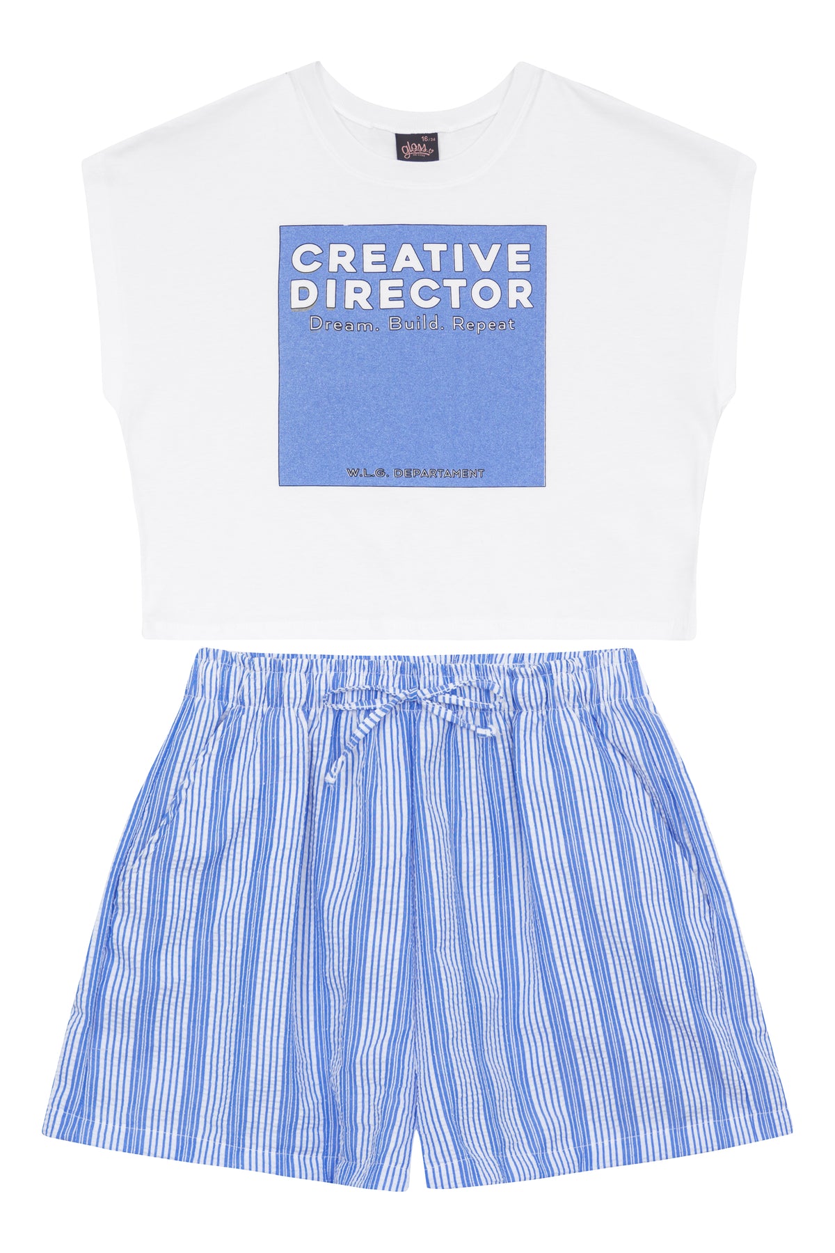 Set conjunto camisa blanca short azul rayas Gloss 32159-00101B