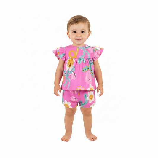 Set 2 piezas bebe niña flores color rosado  34127-FLO966 promo 3x1000
