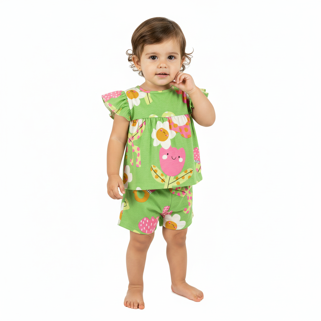 Set 2 piezas bebe niña flores color verde limon  34127-FLO965 promo 3x1000