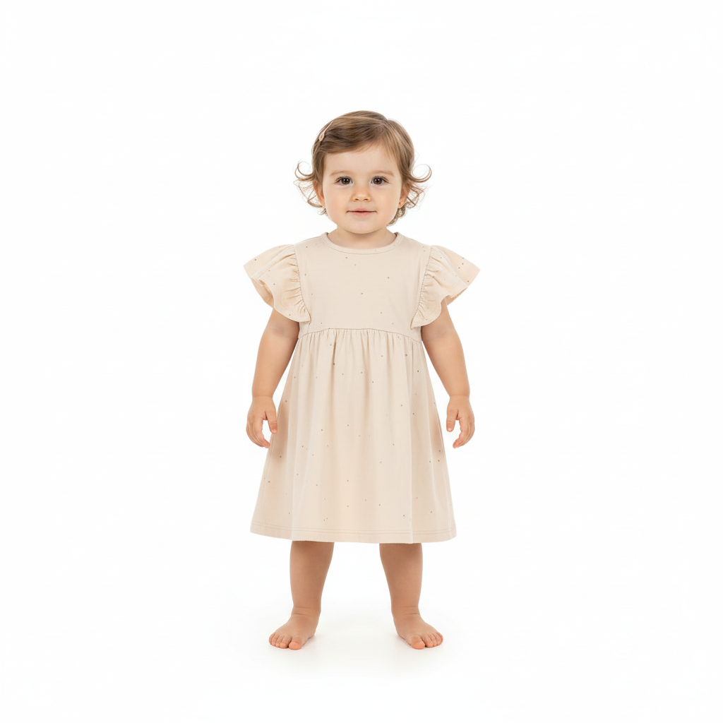 Vestido bebe niña color beige quimby 34142 GLI 015 revuelos glitter promo 3x1000