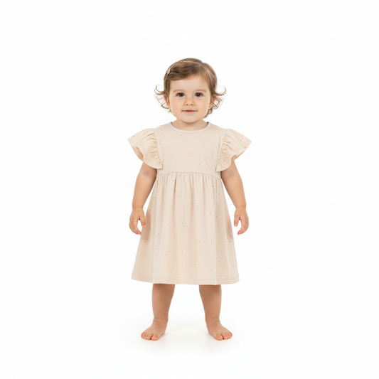 Vestido bebe niña color beige quimby 34142 GLI 015 revuelos glitter promo 3x1000