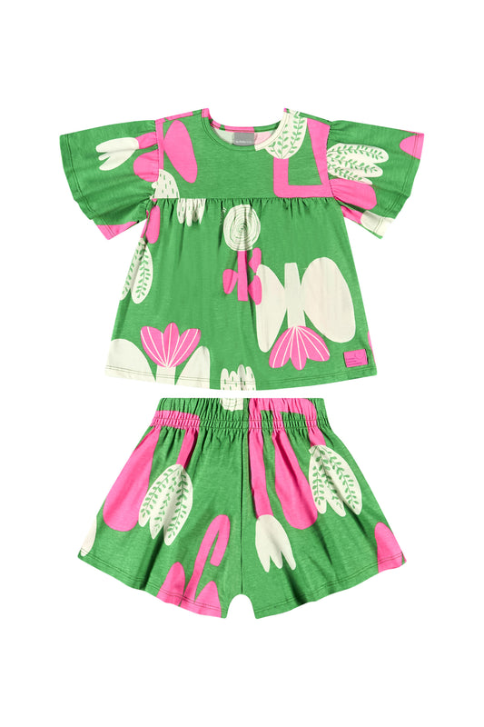 Set blusa y short Verde Olivo niña quimby  34186 FLO983 tulipanes