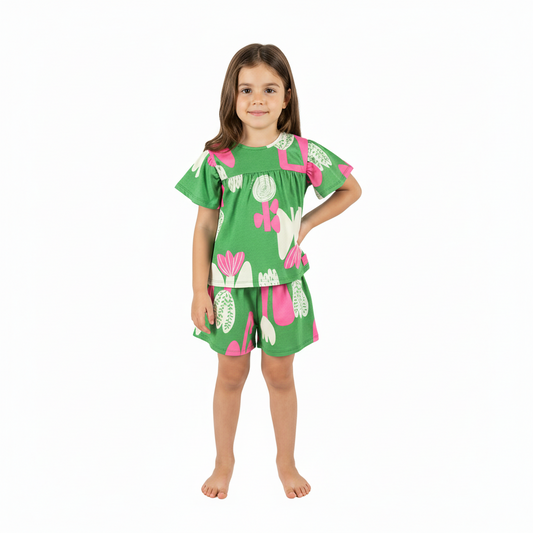 Set blusa y short Verde flores tulipanes niña quimby  34186 FLO983 tulipanes promo 2x1000