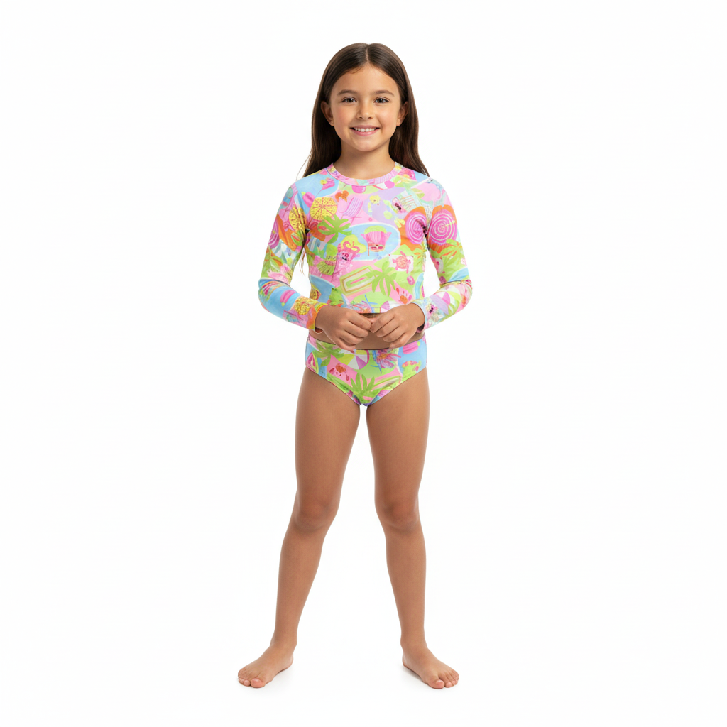 Traje de baño niña manga larga Quimby verde estampado 34206 - SB0403
