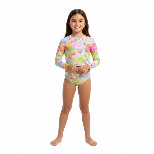 Traje de baño niña manga larga Quimby verde estampado 34206 - SB0403