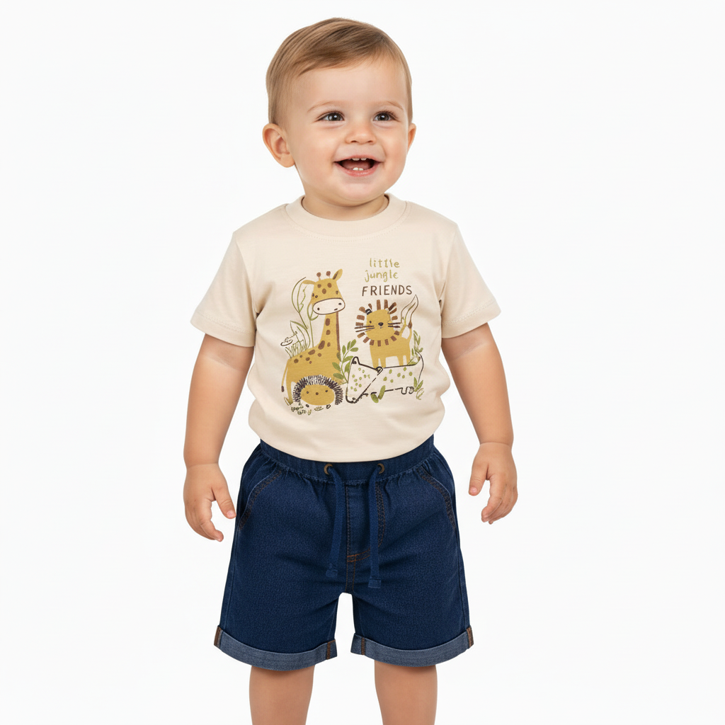 Set Conjunto bebe niño animales safari Camiseta beige shorts jeans 34213 - 12034