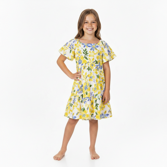 Vestido amarillo floreado niña Quimby 34535-FL0019