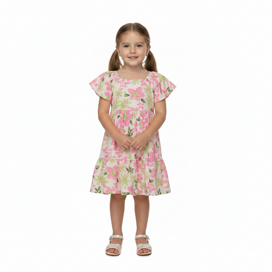 Vestido rosado floreado revuelos niña Quimby 34535-FL0020