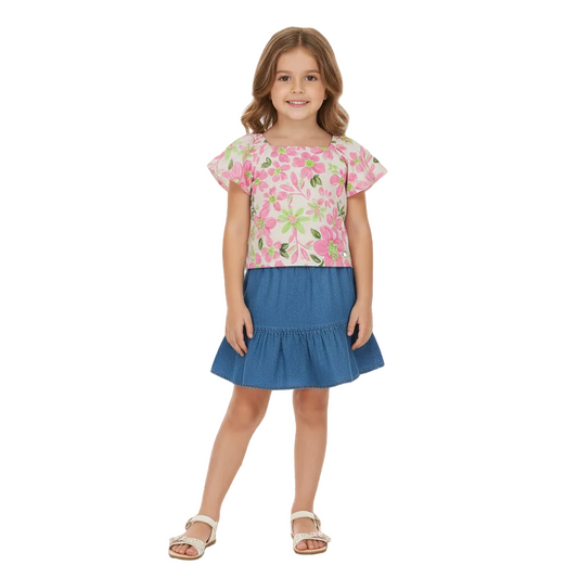 Set conjunto rosado floreado niña Quimby falda jeans camisa 34536-FL0020