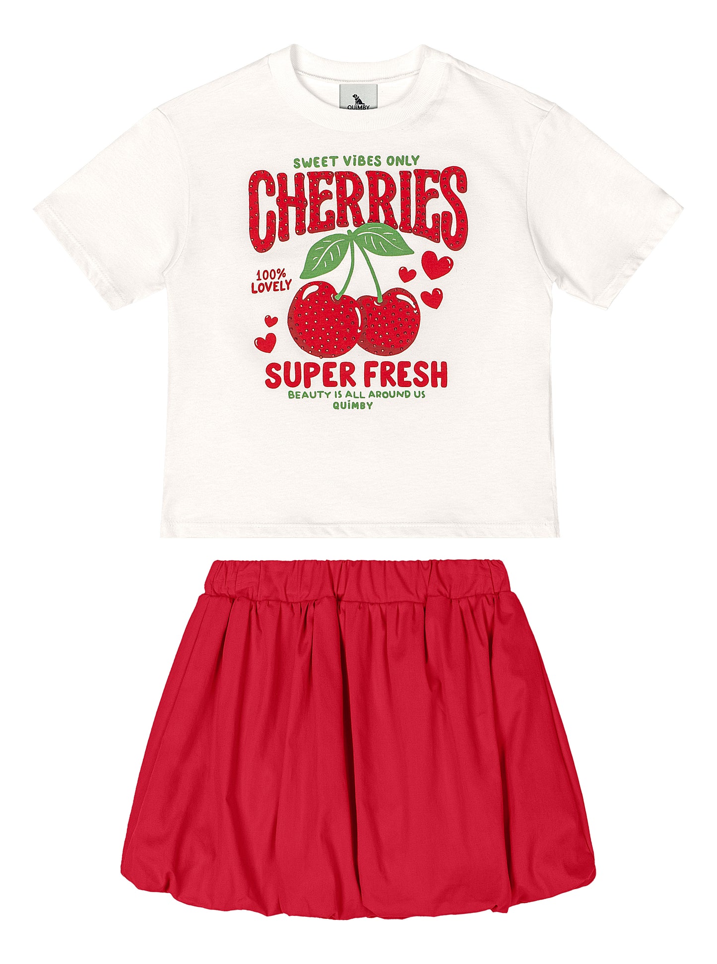 Set conjunto 2 piezas cereza camisa blanca falda roja niña Quimby 34544-000106
