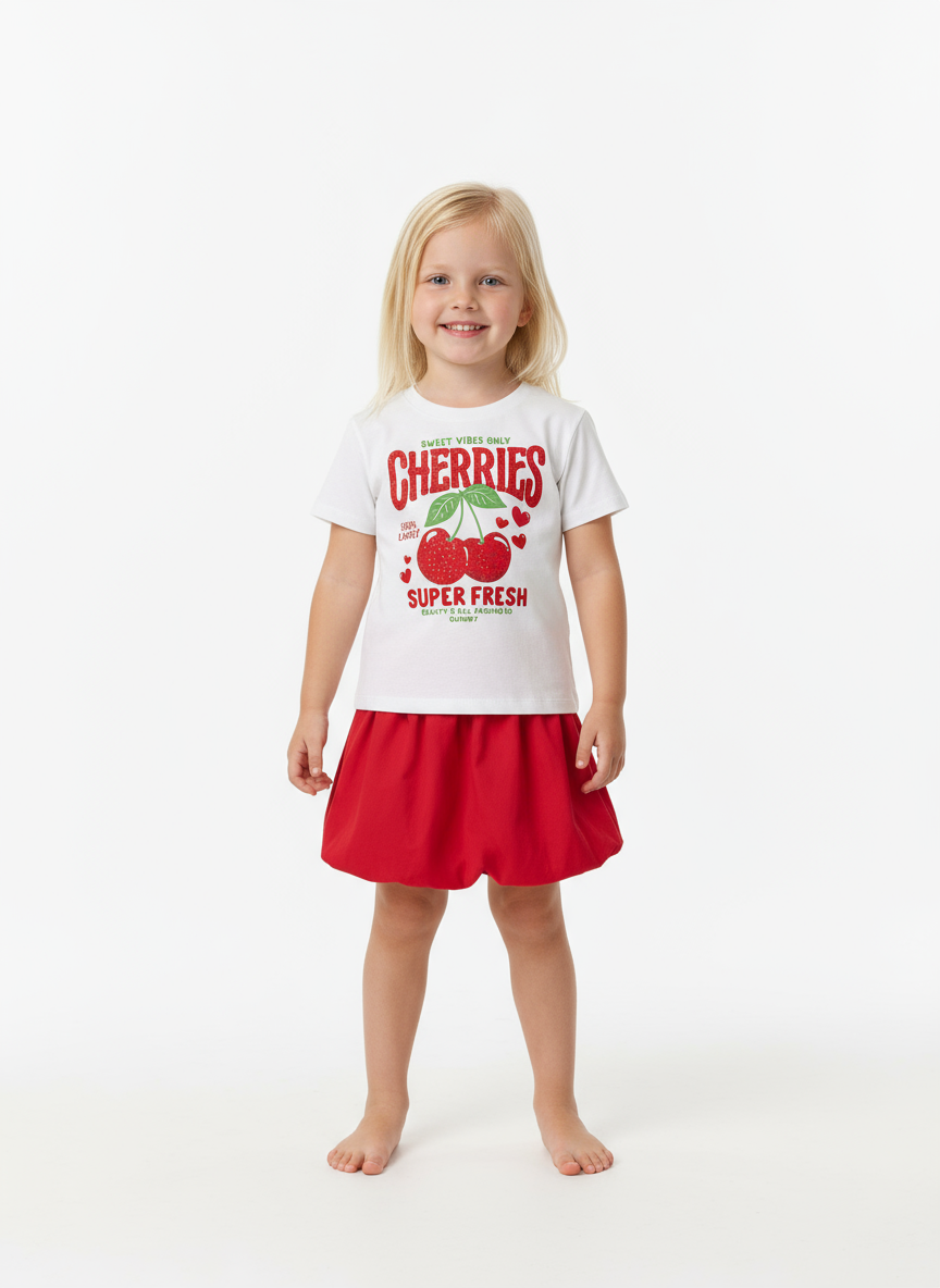 Set conjunto 2 piezas cereza camisa blanca falda roja niña Quimby 34544-000106