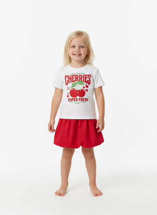 Set conjunto 2 piezas cereza camisa blanca falda roja niña Quimby 34544-000106