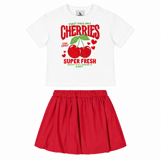 Set conjunto 2 piezas cerezas cherry  camisa blanca falda roja niña Quimby 34544-000106