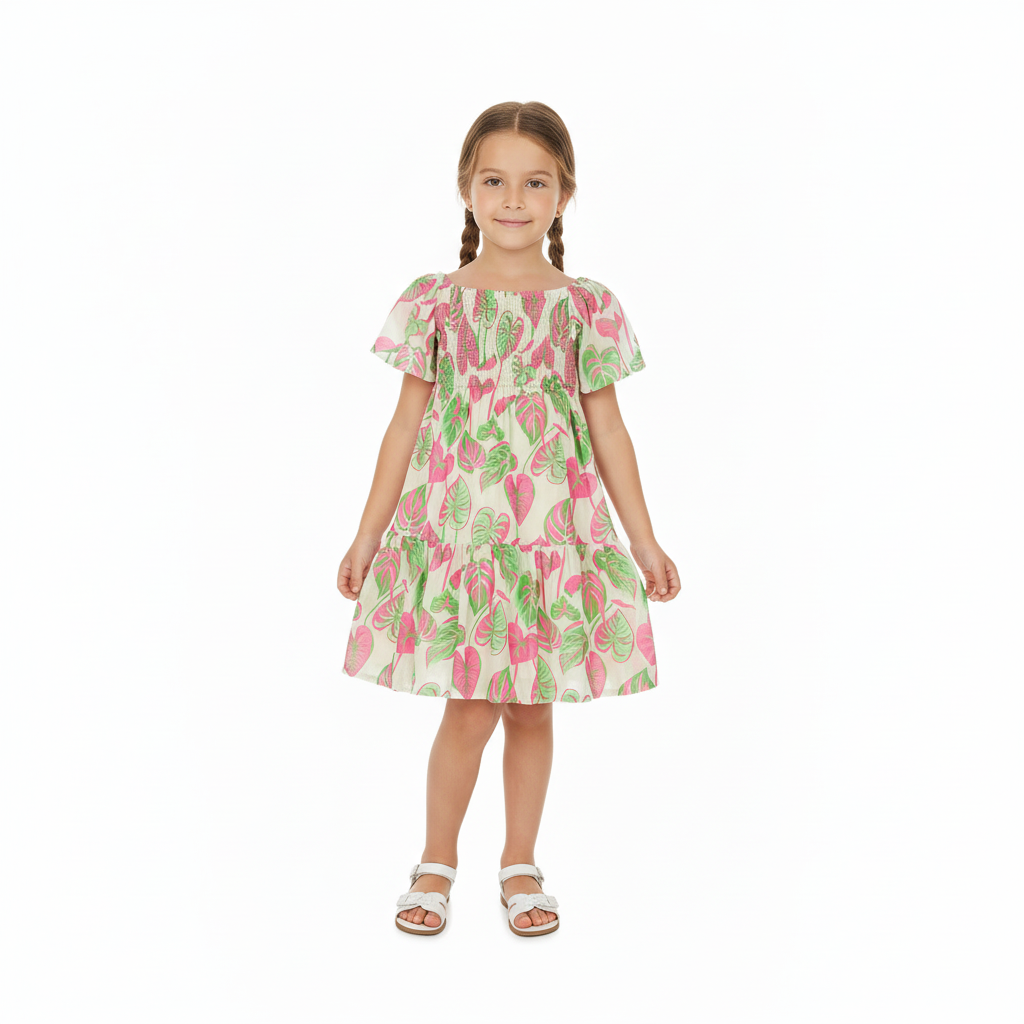 Vestido multicolor verde hojas floreado niña Quimby 34548-SB0515