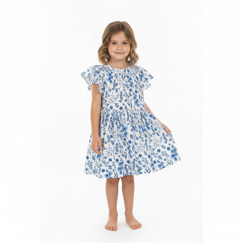 Vestido azul flores revuelos niña Quimby 34551-153919