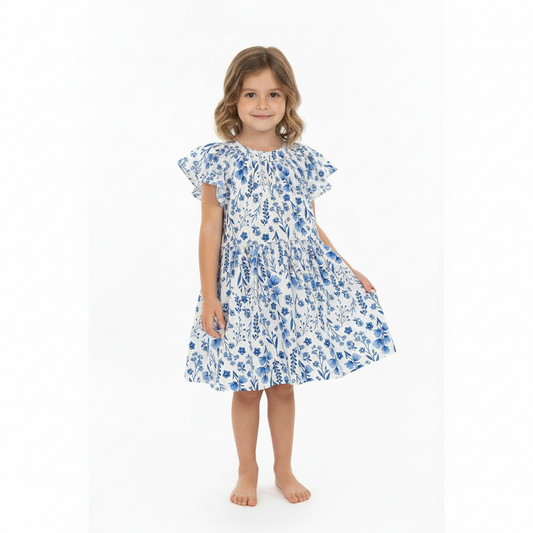 Vestido azul flores revuelos niña Quimby 34551-153919