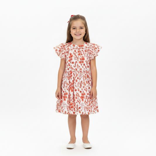 Vestido rojo flores revuelos niña Quimby 34551-191763