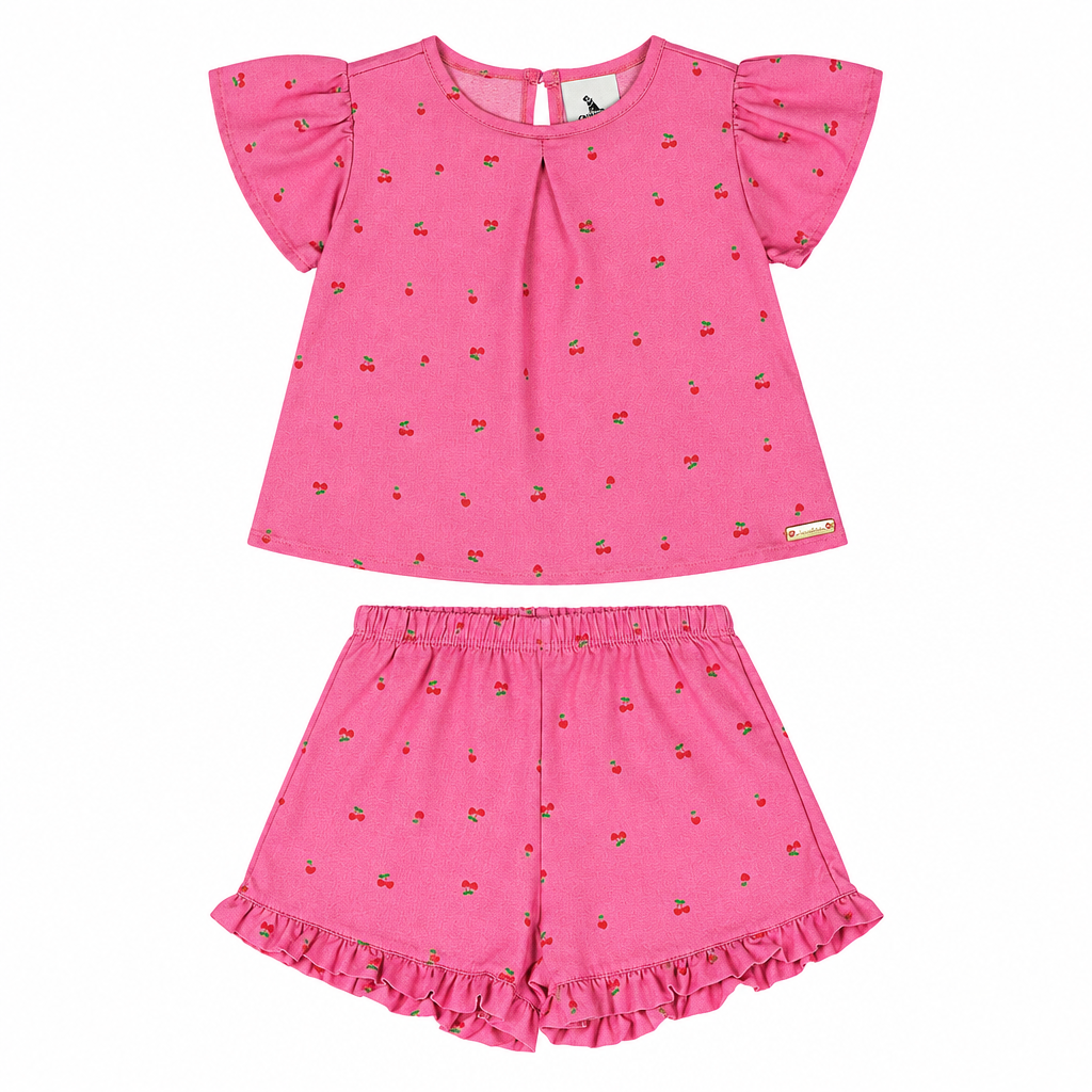 Set conjunto cerezas cherry rosado blonda bebe niña Quimby 34575-BOL201