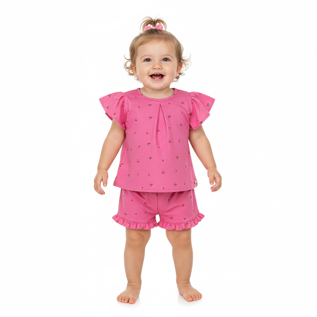 Set conjunto cerezas cherry rosado blonda bebe niña Quimby 34575-BOL201