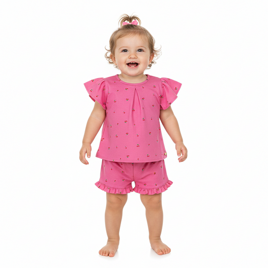 Set conjunto cerezas cherry rosado blonda bebe niña Quimby 34575-BOL201