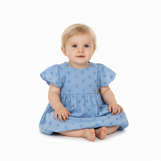 Vestido azul revuelos blonda bebe niña Quimby 34584-144124
