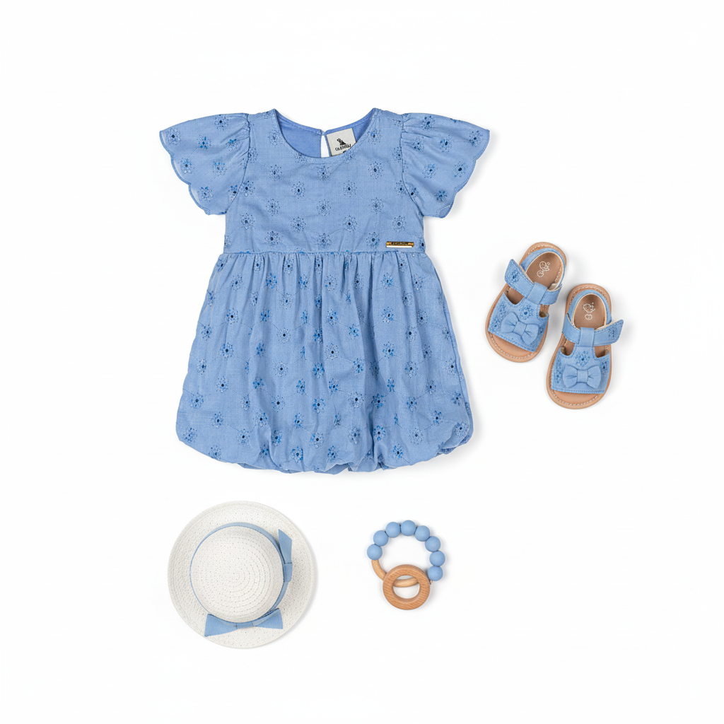 Vestido azul celeste blonda revuelos blonda bebe niña Quimby 34584-144124