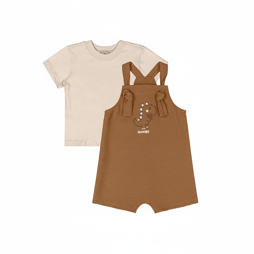 Set conjunto overall bebe niño camisa beige cafe Quimby 34704-120304
