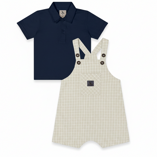 Set conjunto camisa azul  overall beige Quimby bebe niño 34985-193921