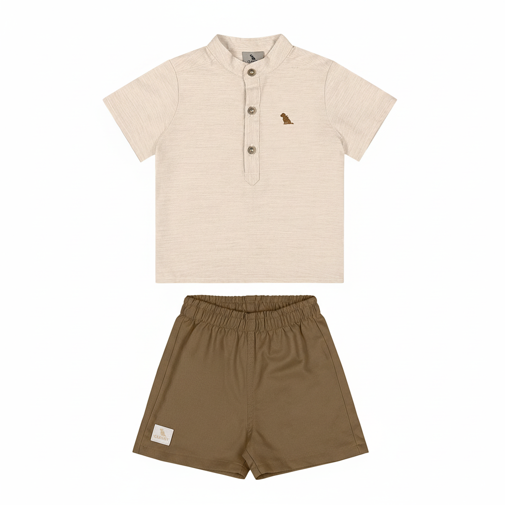 Set conjunto 2 piezas camisa beige short cafe bebe niño Quimby 34988-131011