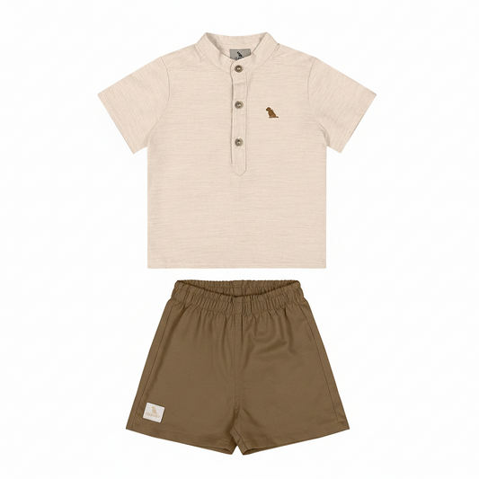 Set conjunto 2 piezas camisa beige short cafe bebe niño Quimby 34988-131011