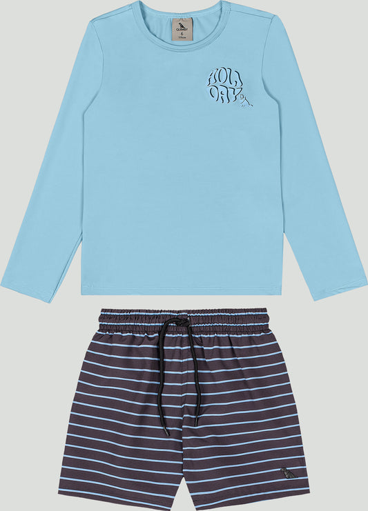 Set conjunto 2 piezas traje baño camisa azul celeste short gris Quimby niño 35030-144317