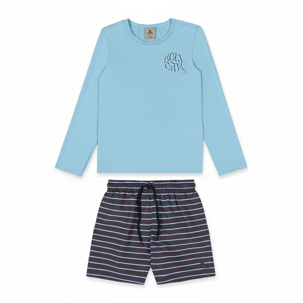 Set conjunto 2 piezas traje baño camisa azul celeste short gris Quimby niño 35030-144317