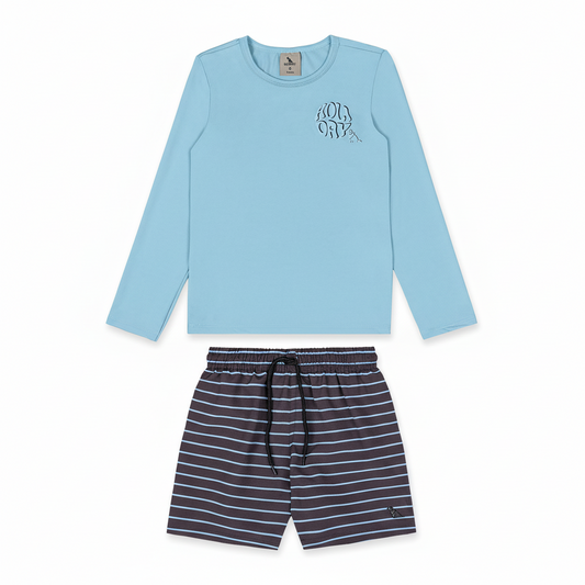 Set conjunto 2 piezas traje baño camisa azul celeste short gris Quimby niño 35030-144317