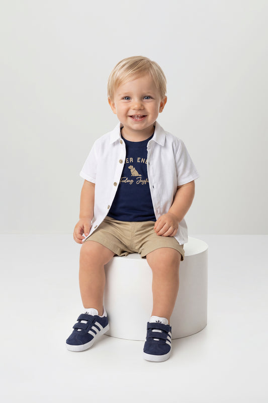 Set 3 piezas camisa blanca camisa azul short beige bebe niño Quimby 35141-193921